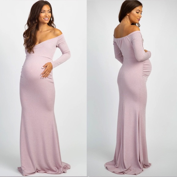 PINKBLUSH Metallic Pink Off-Shoulder Maternity Gown, Size Small, LIKE NEW - Picture 2 of 12